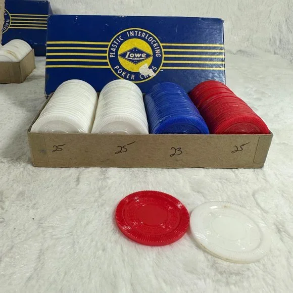 Set Vintage 100 x 2 Lowe Plastic Poker Chips USA Red White Blue original boxes - Picture 2 of 5
